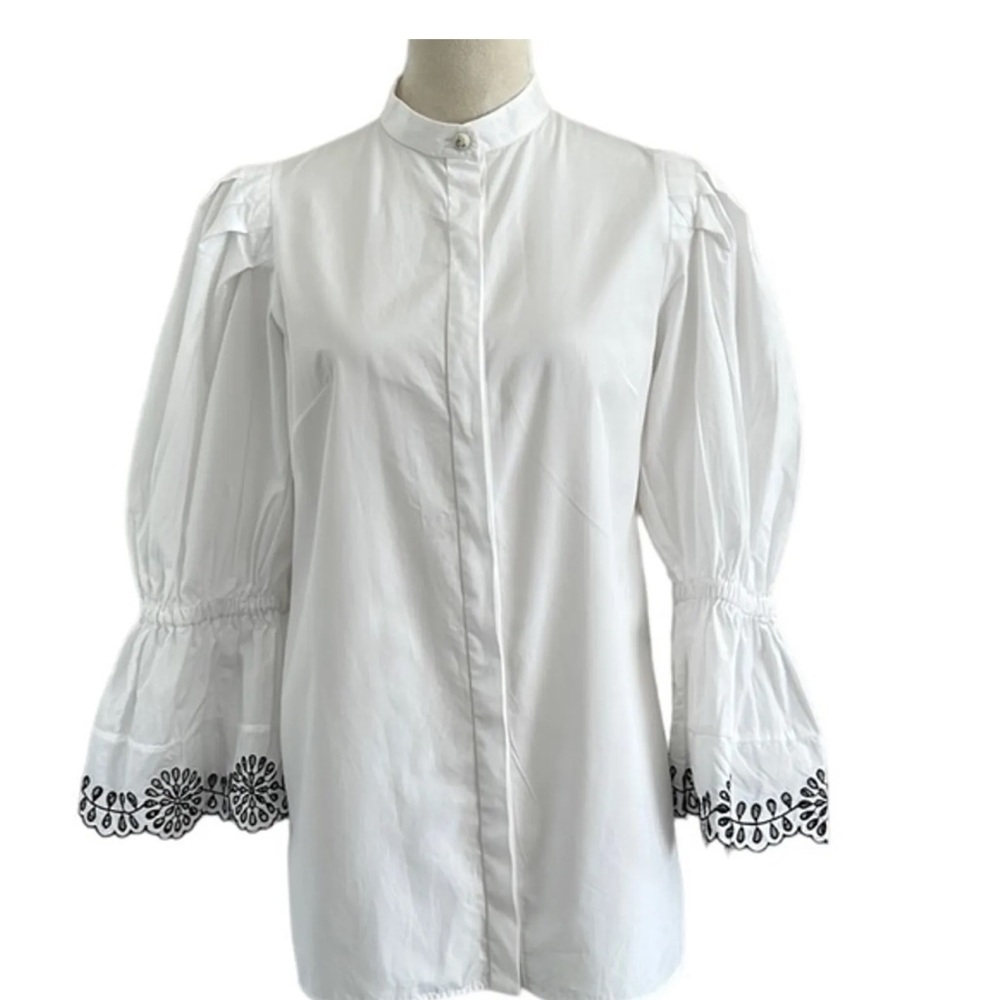 Alexander McQueen White Cotton W/Black Embroidered Eyelet Sleeve Sz. 38